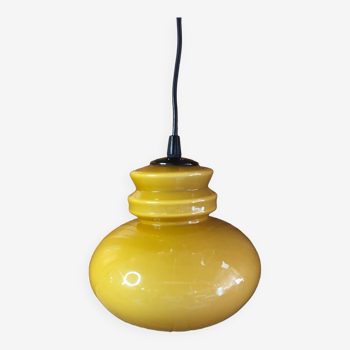 Old Yellow Opaline Pendant Light White Interior 1970s Vintage #A380