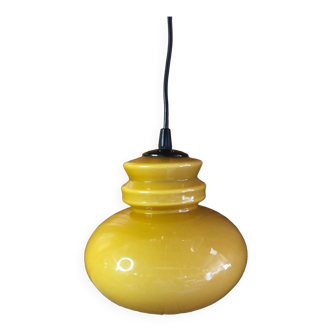 Old Yellow Opaline Pendant Light White Interior 1970s Vintage #A380