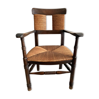 Brutalist armchair wood and straw
