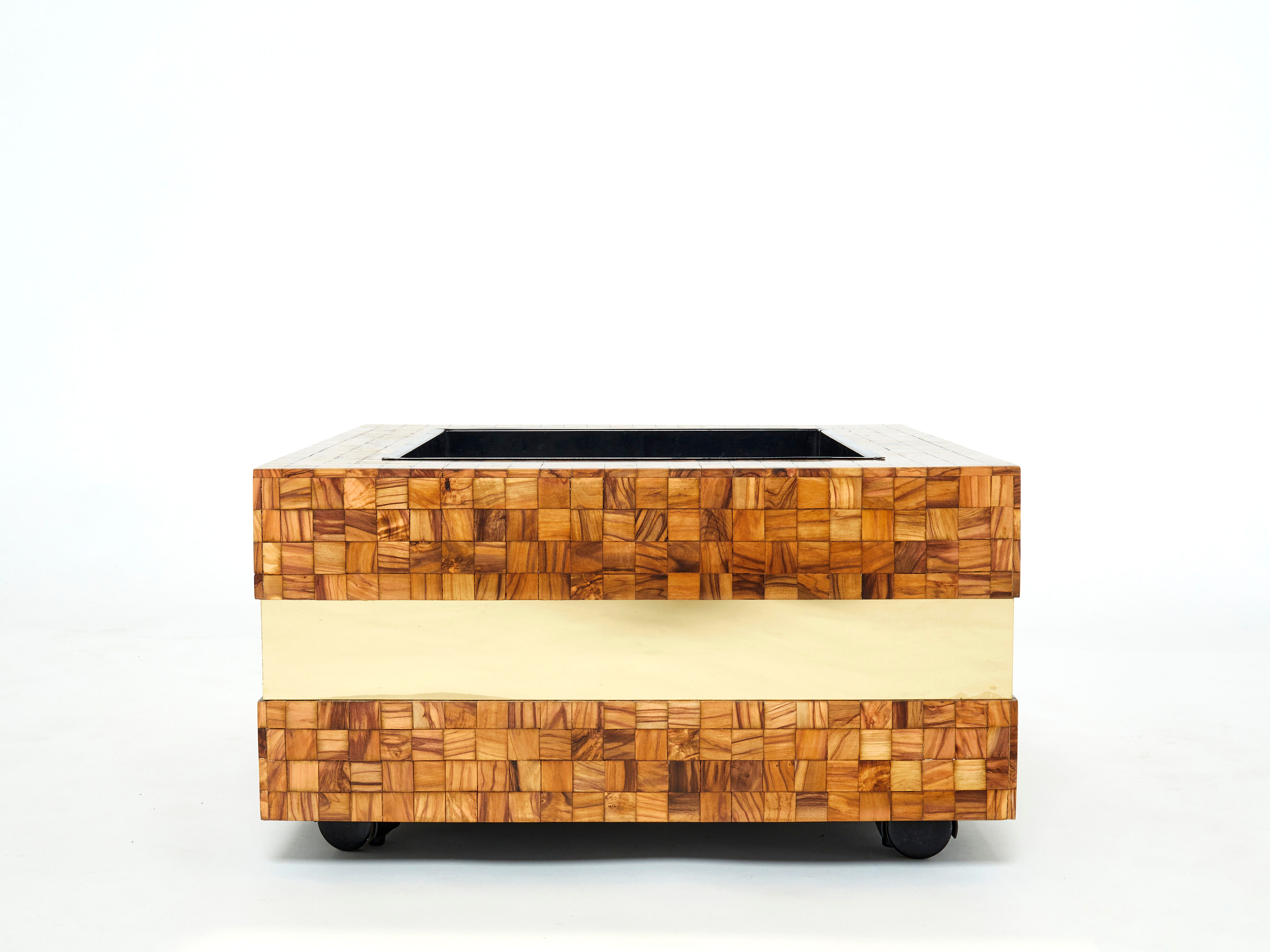Table bar or planter marquetry of brass olive wood by Sandro Petti 1970