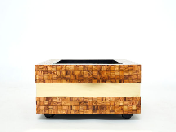 Table bar ou jardinière marqueterie de bois d’olivier laiton par Sandro Petti 1970