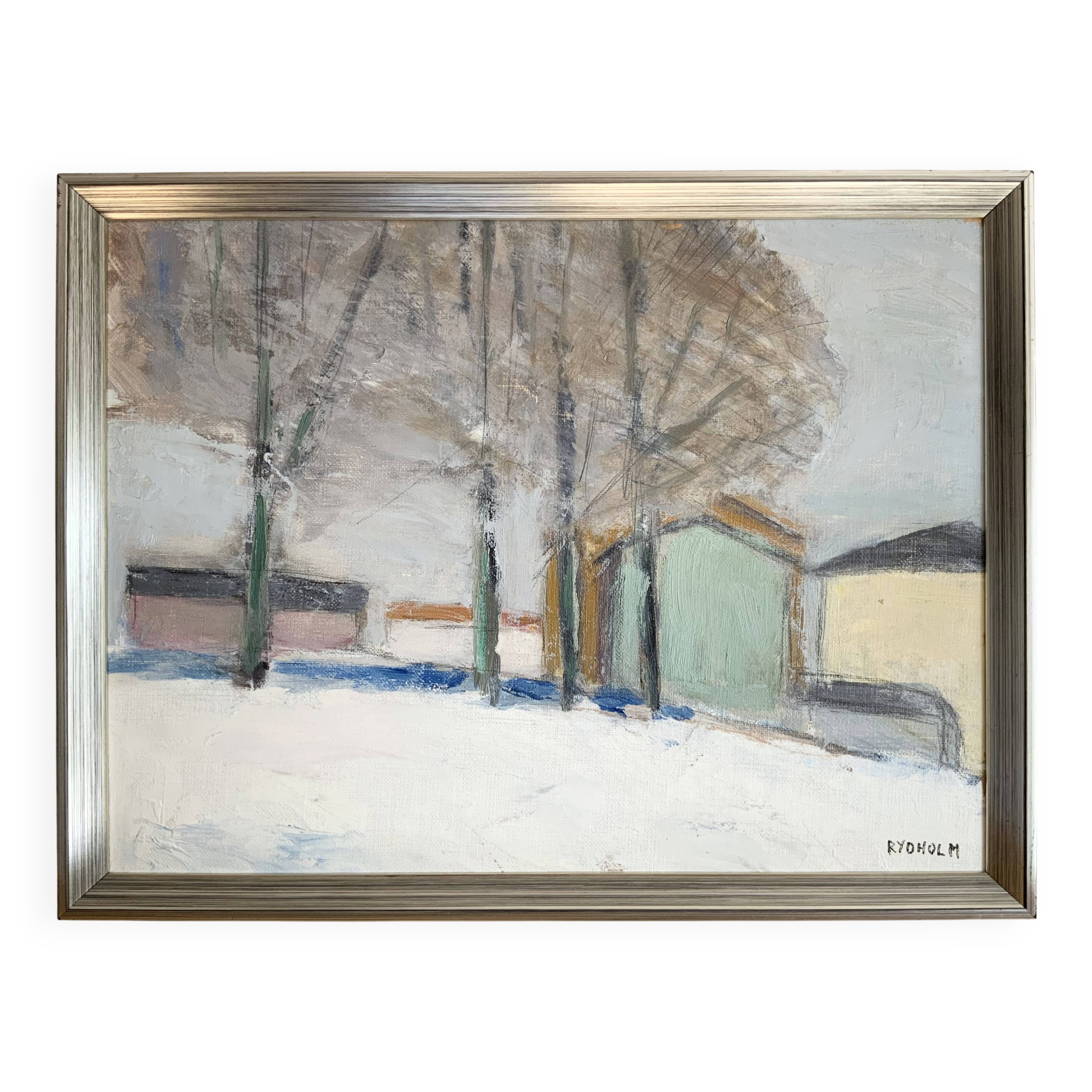 Small Vintage Modernism Painting Landscape, signed Rydholm