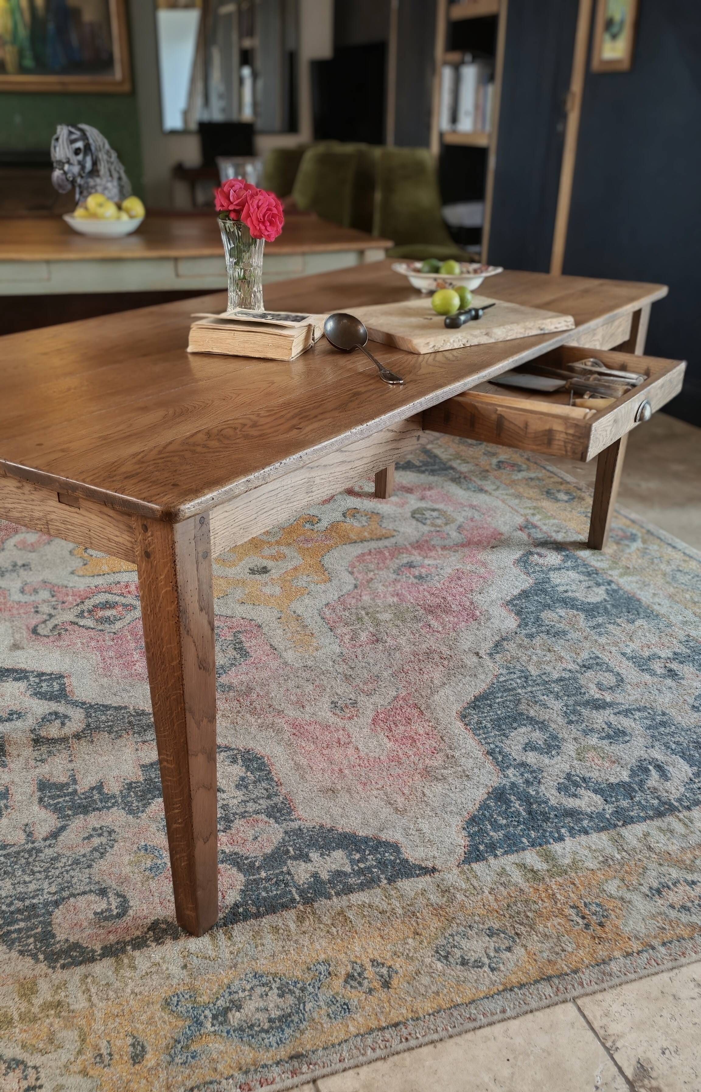 Solid oak farmhouse table "raw" 247x89, "chocolate oak" top