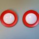 Pair of XXL Space Age wall sconces, orange lacquered metal and opaline, 1960.