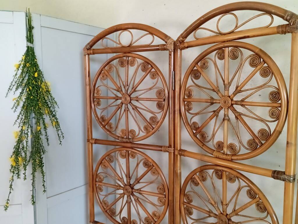 Paravent rotin peacock années 70