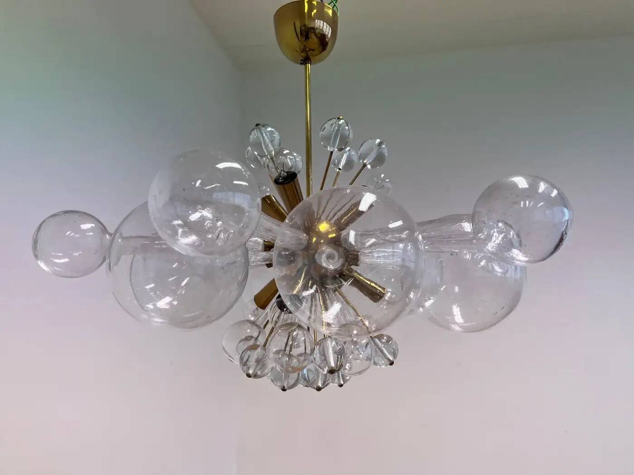 Design art glass and brass chandelier by Rene Roubicek, Czechoslovakia, 1960s