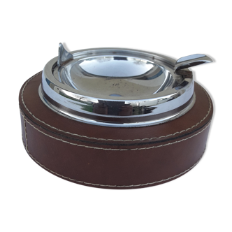 Chrome steel table top with brown leather surround