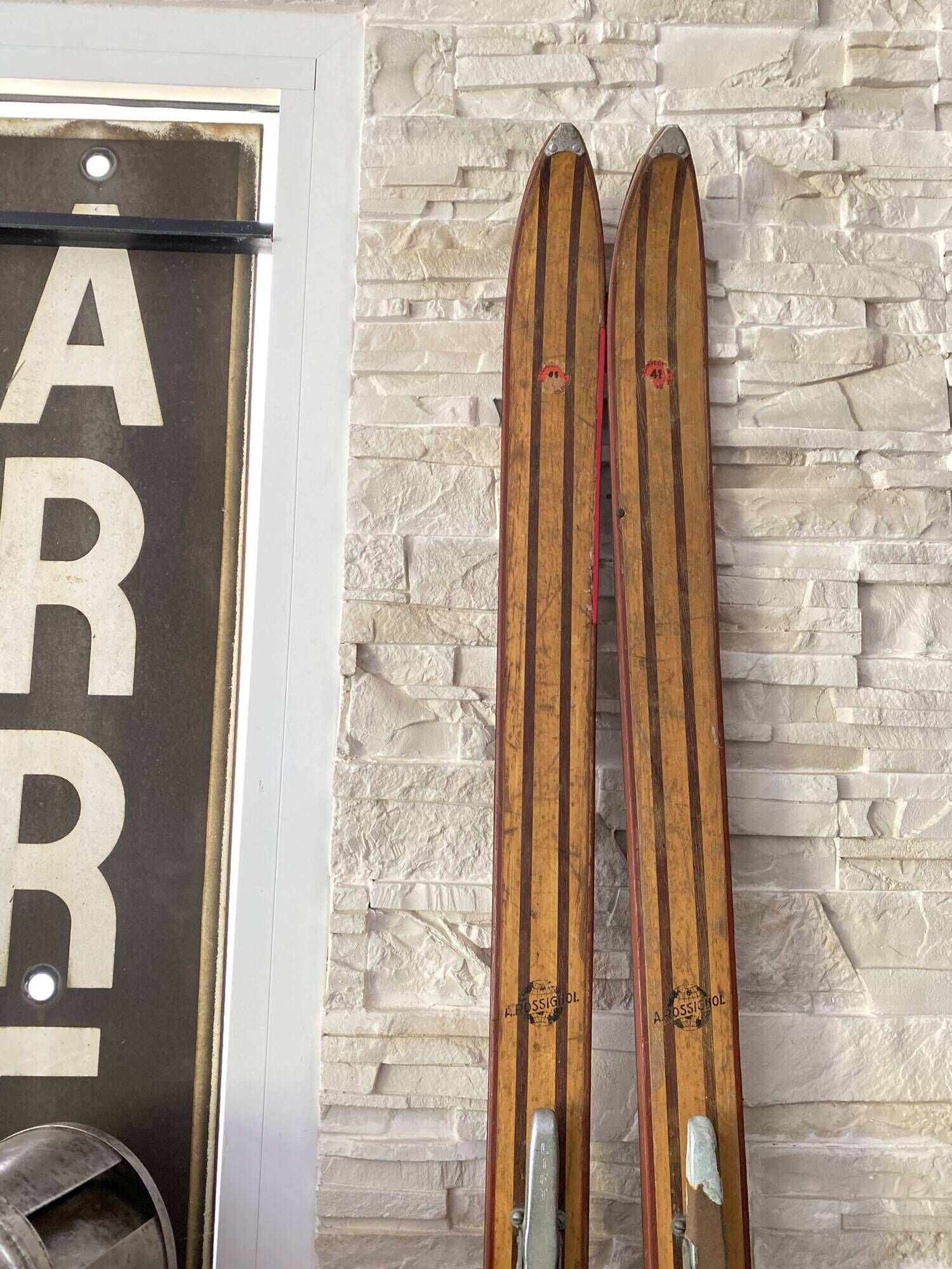 Pair of vintage Rossignol Hickory wooden skis