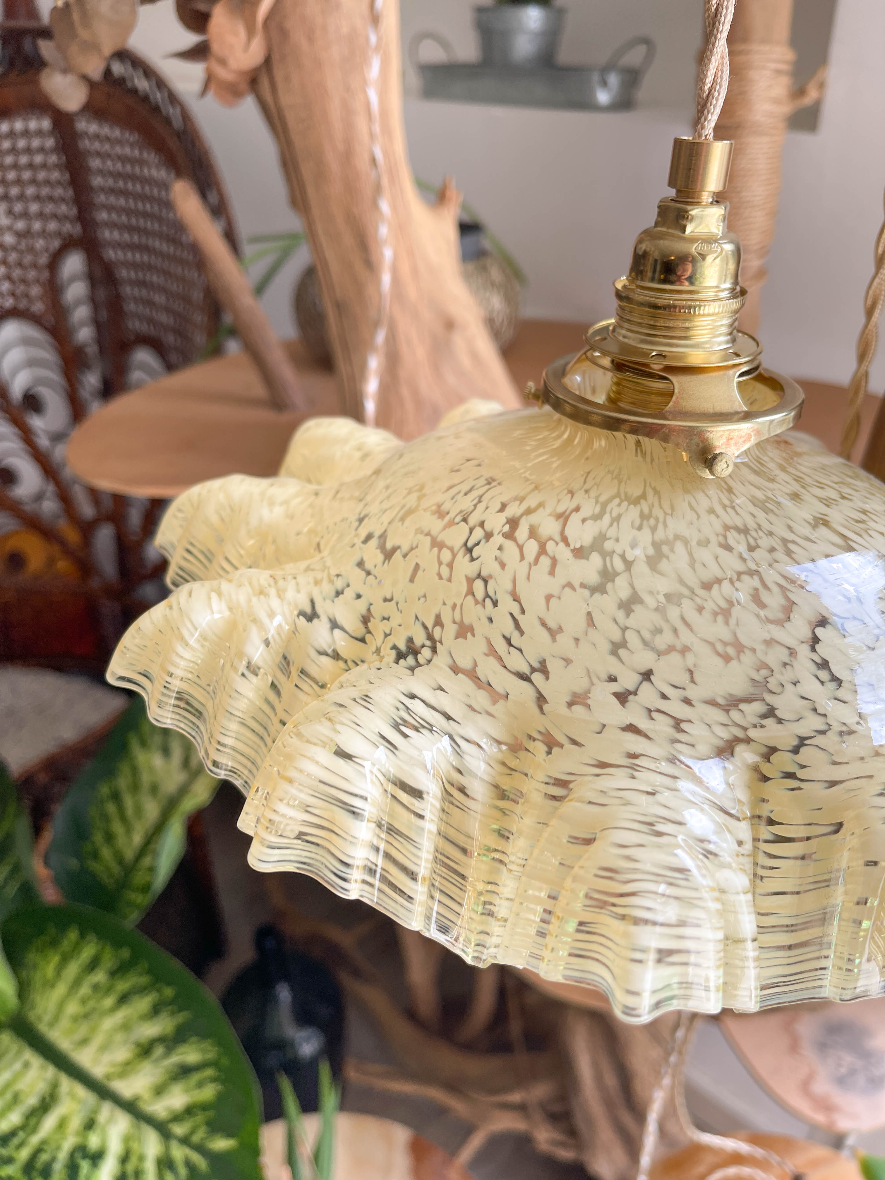 Vintage yellow pleated clichy glass portable lamp