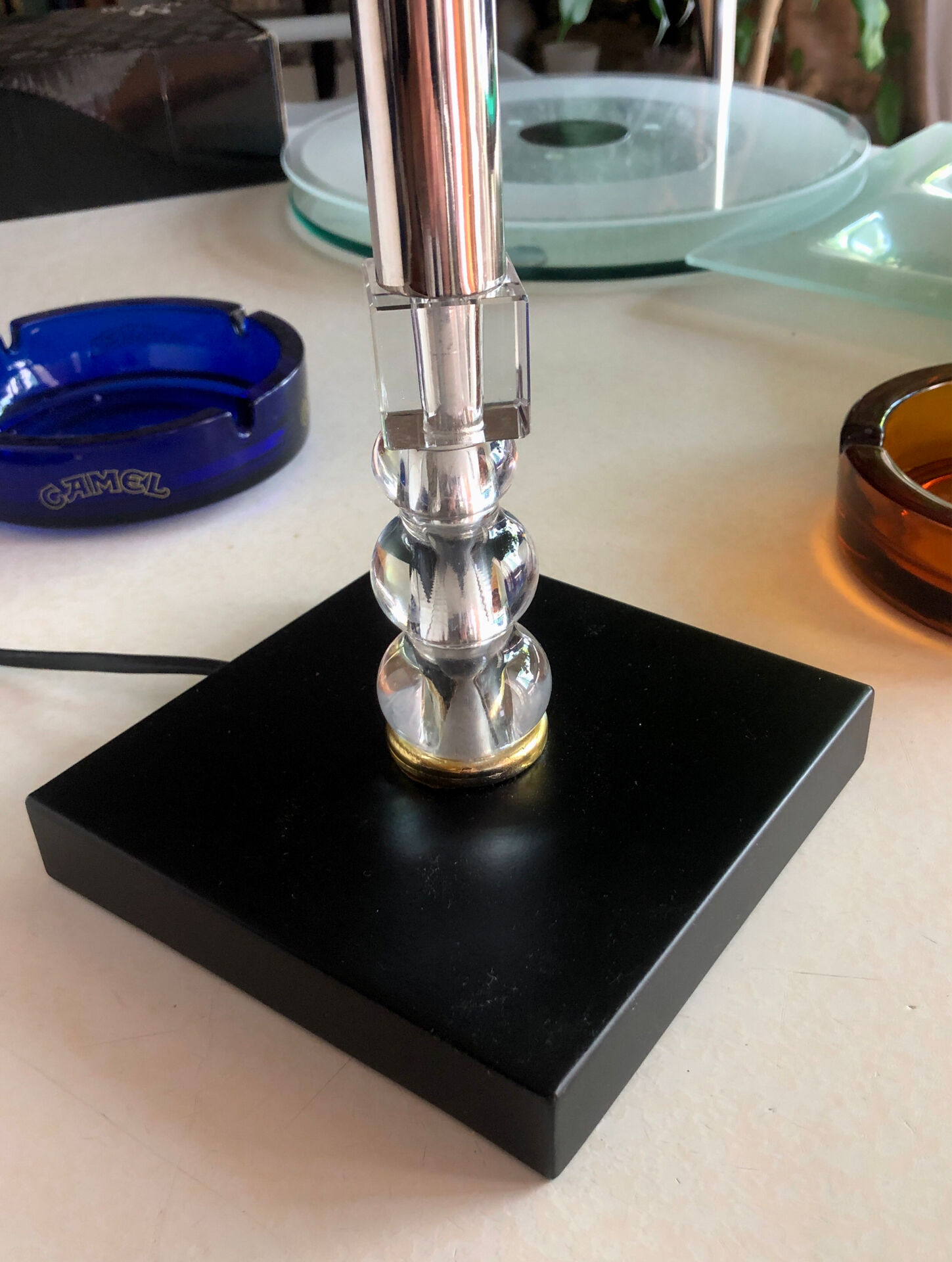Silver-plated metal lamp base with crystal.