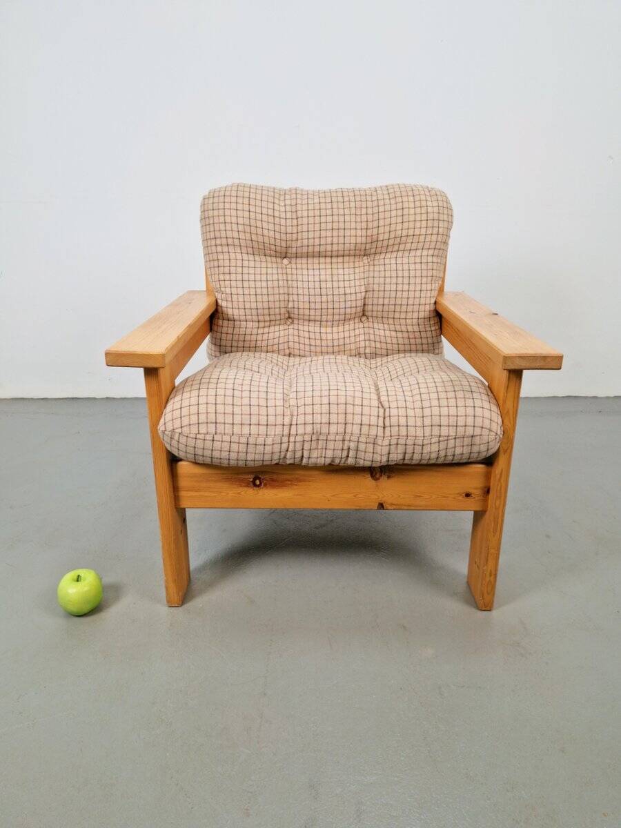 Vintage Brutalist Armchair in Pine and Fabric, 1970s