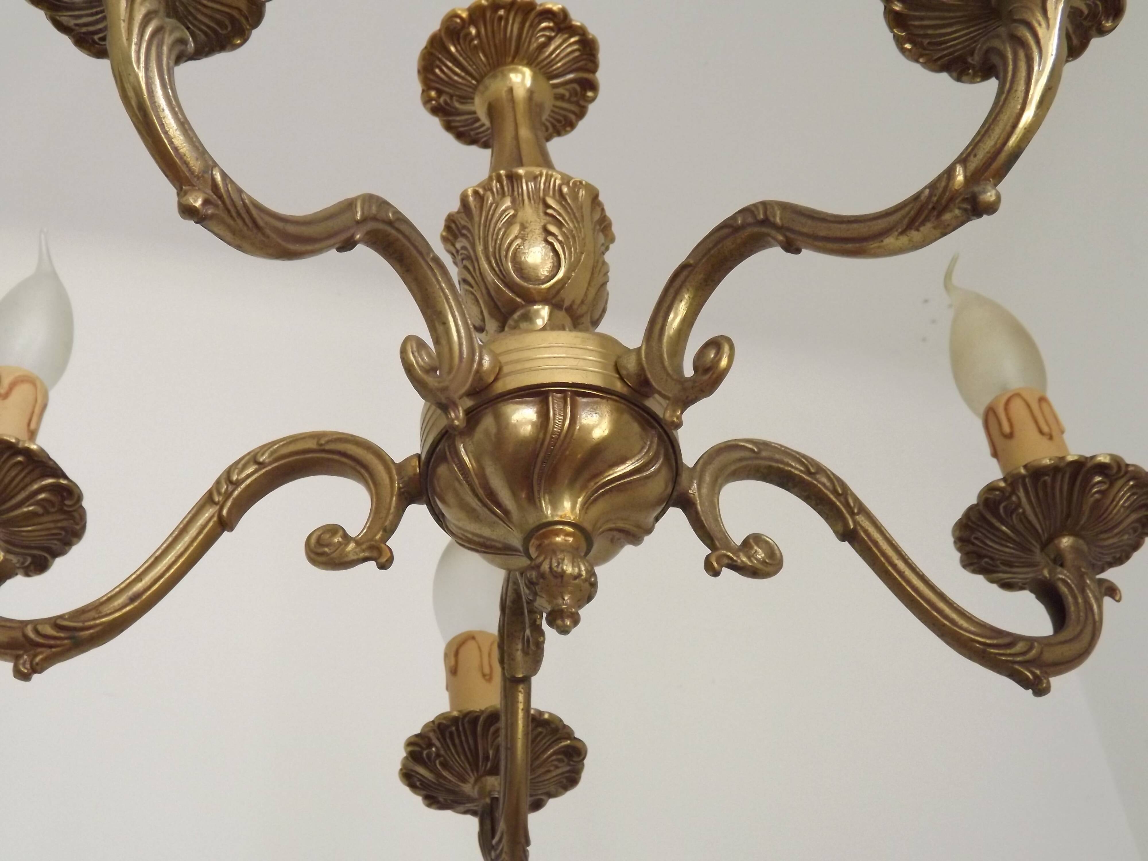 French Vintage Mid Century Bronze 5 Light Traditional Style Chandelier
