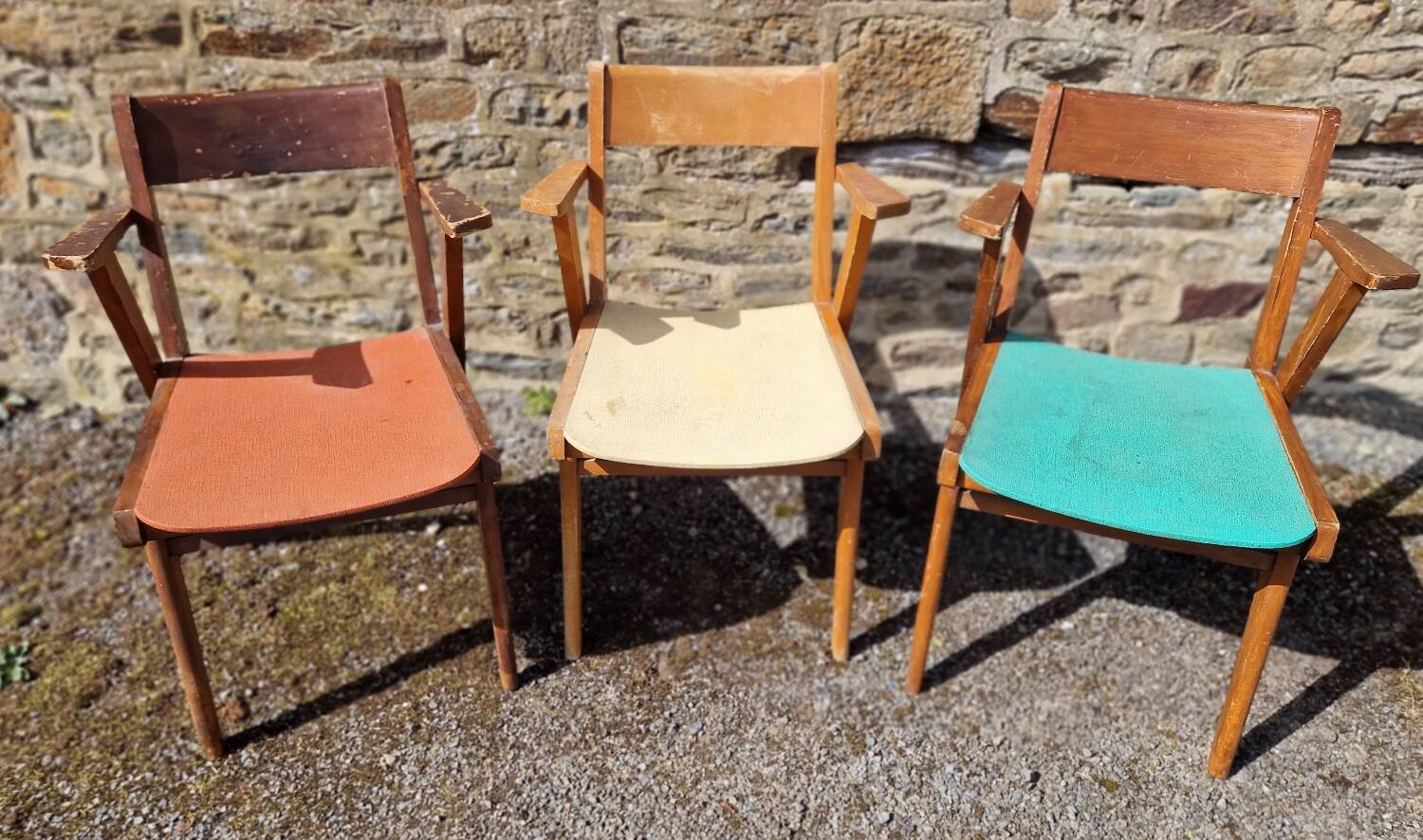 Set of 3 bridge armchairs with compass legs from the 50s/60s