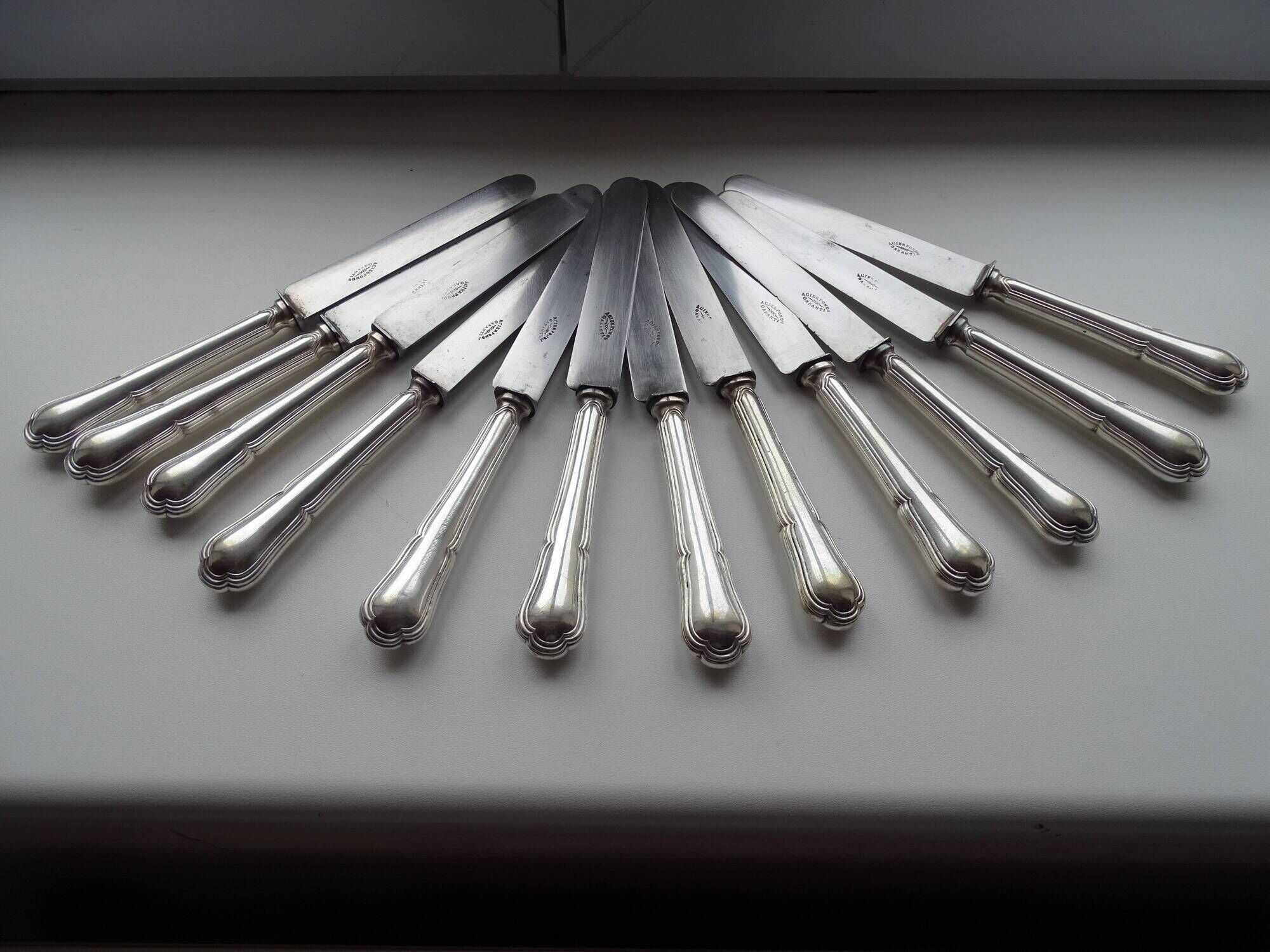 12 antique Art Deco knives silver metal and molten steel blades