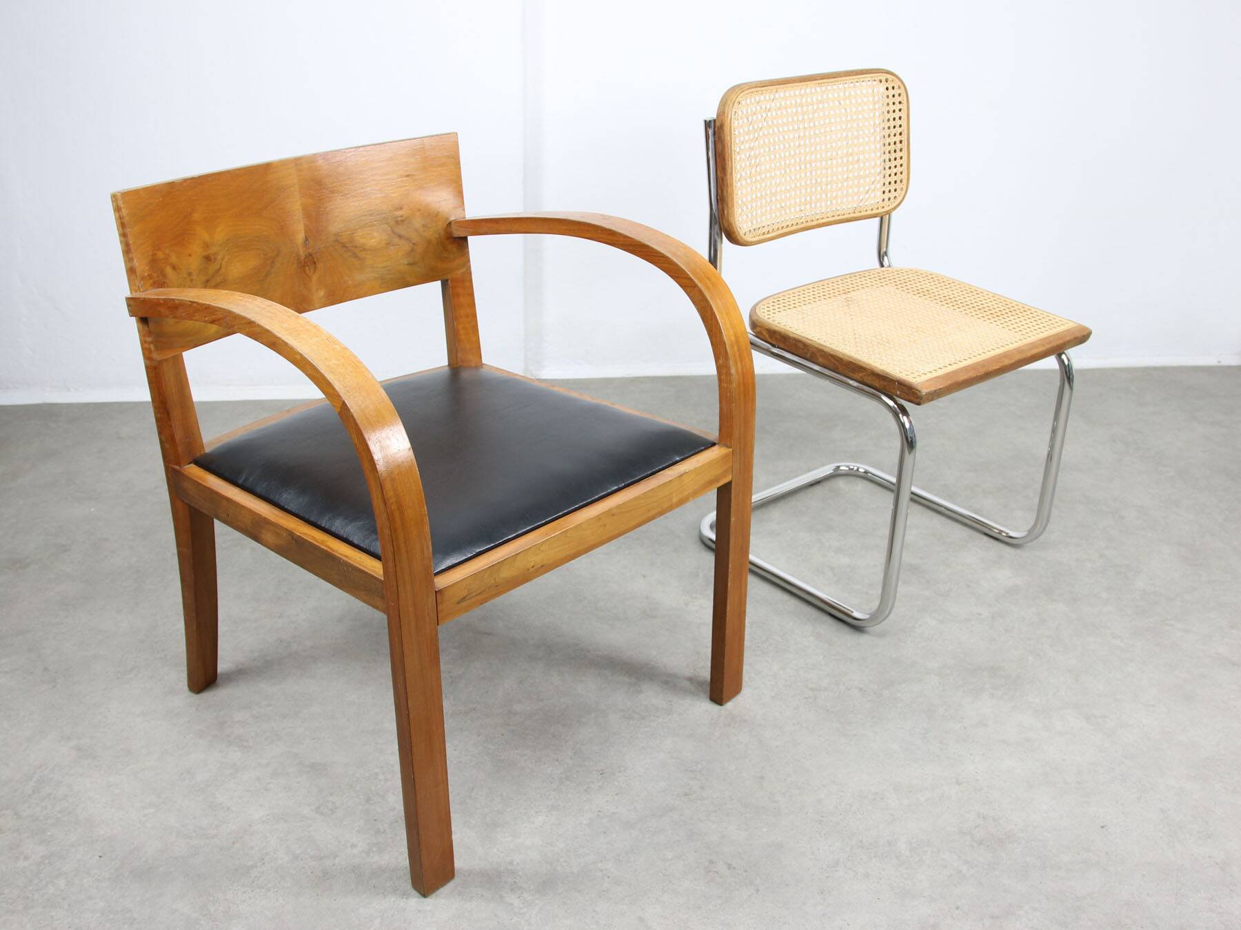 Italian Art Deco Lounge Chairs in Wood & Black Leatherette, set of 2