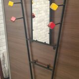 1950s metal and wood wall coat rack with mirror and umbrella stand