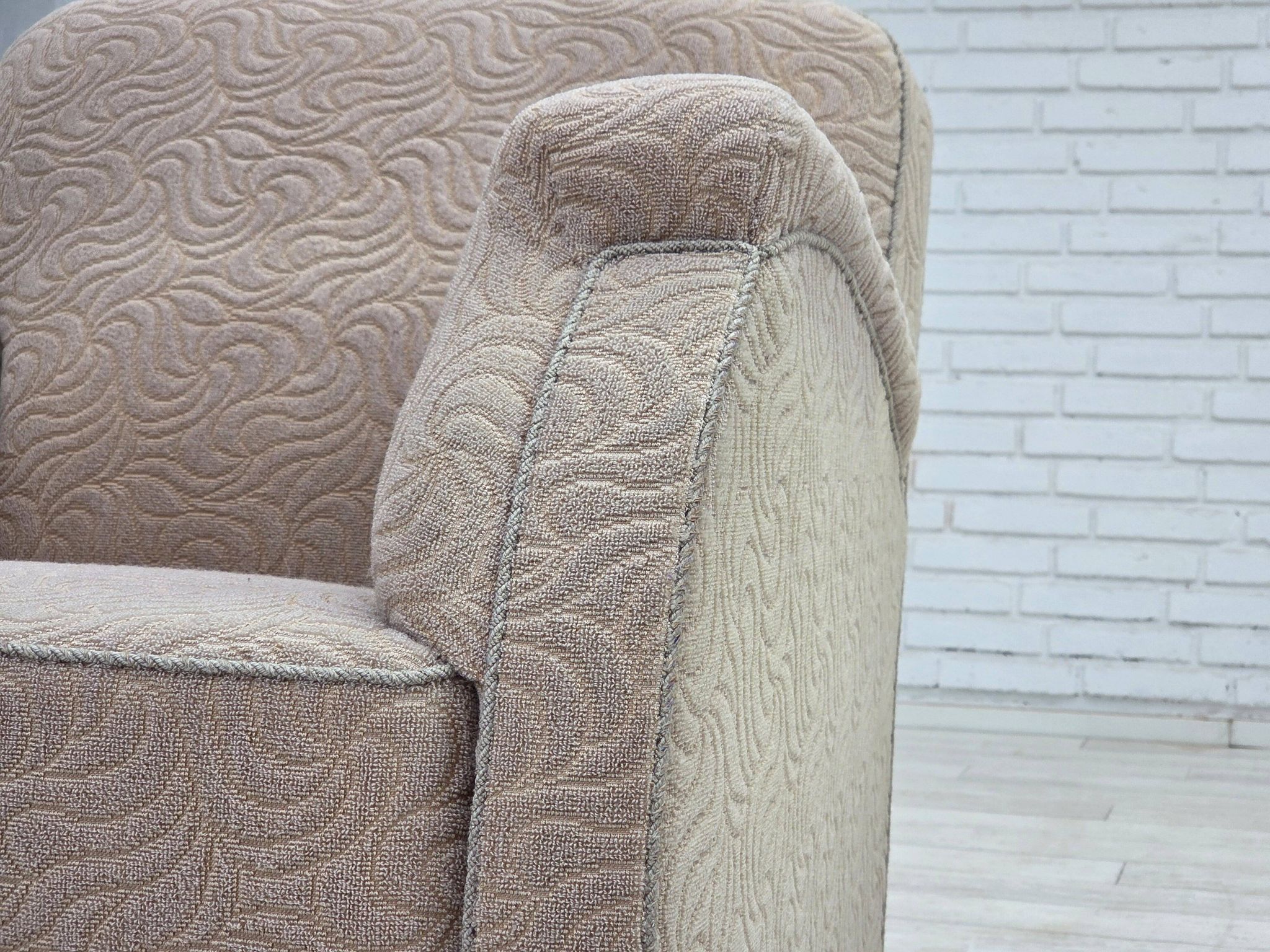 1950s, Danish artdeco armchair, furniture wool, oak wood legs.