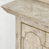 Travertine and Brass Marquetry Console Table and Mirror, 1970s, Set of 2