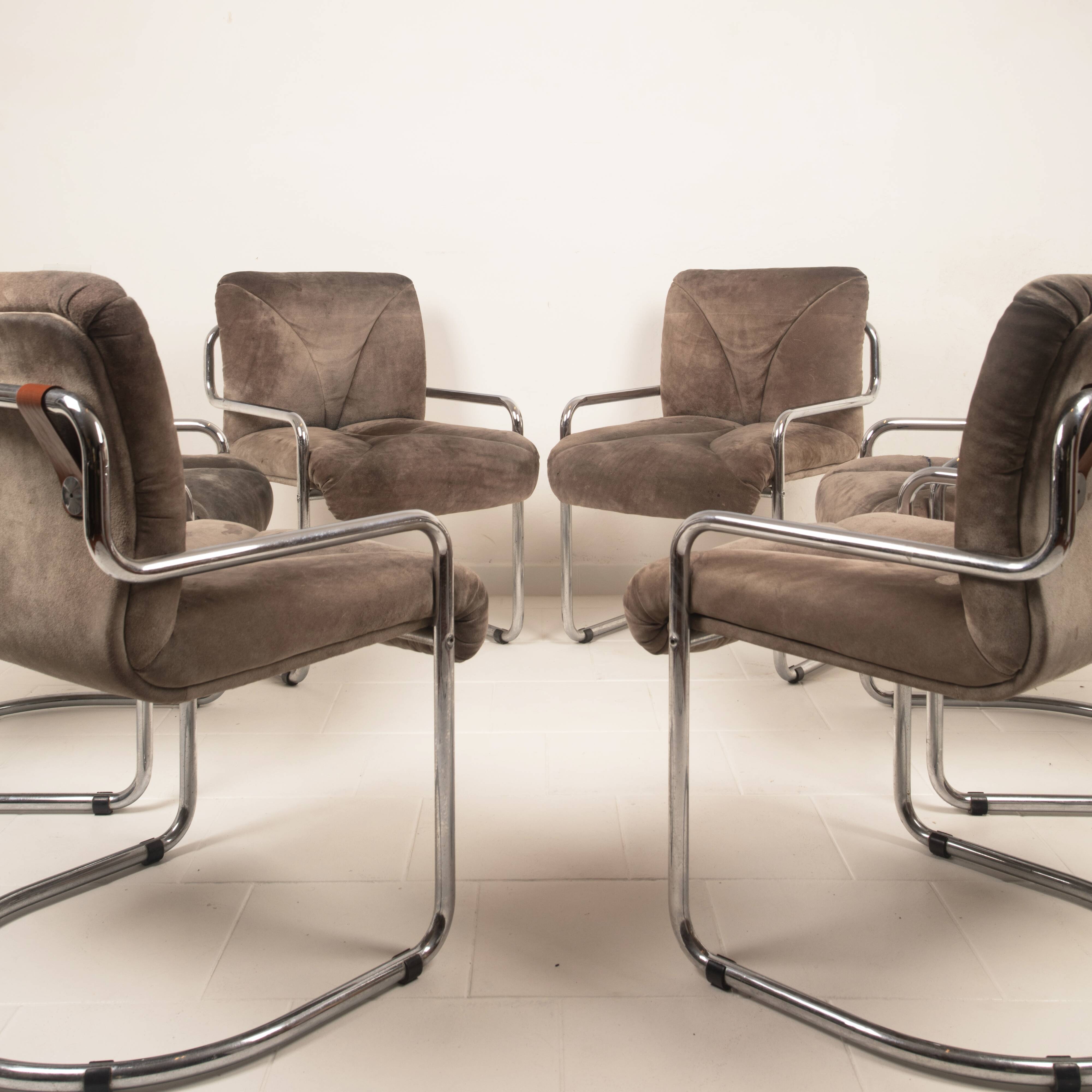Guido Faleschini Italian Astro Chrome and Taupe Suede Armchairs for i4 Mariani