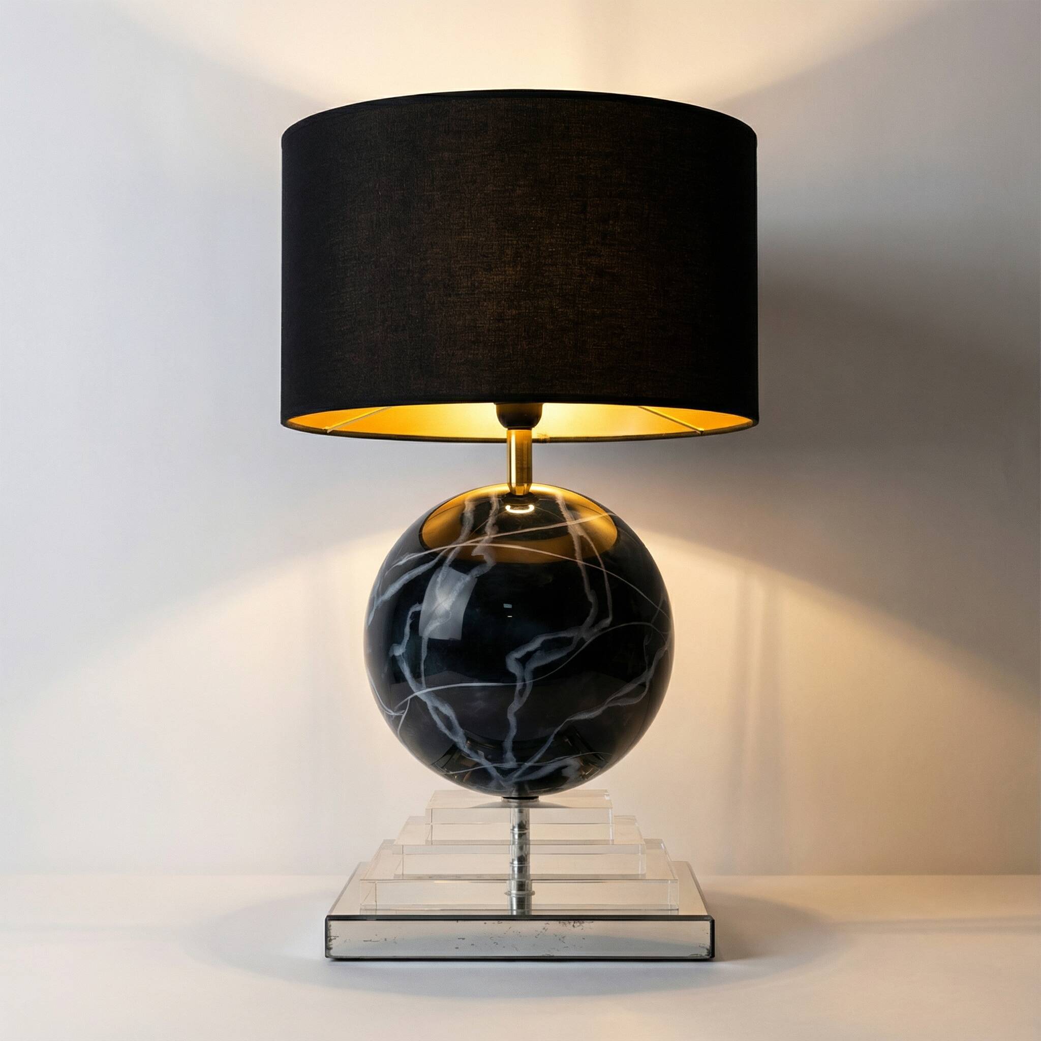Architectural Stepped Lucite Lamp with Faux Marble Glass Sphere 1970s