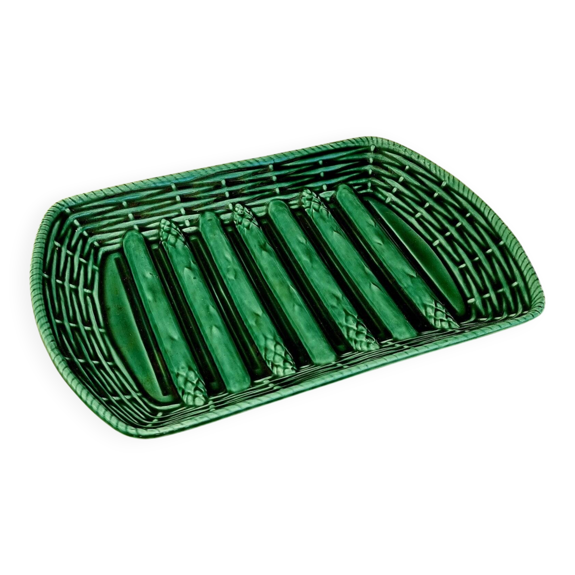 Plat à asperges vintage en barbotine verte décor en relief