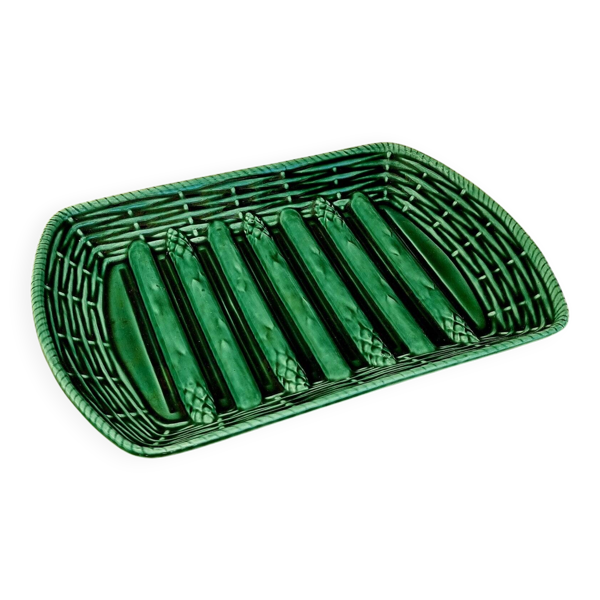 Plat à asperges vintage en barbotine verte décor en relief