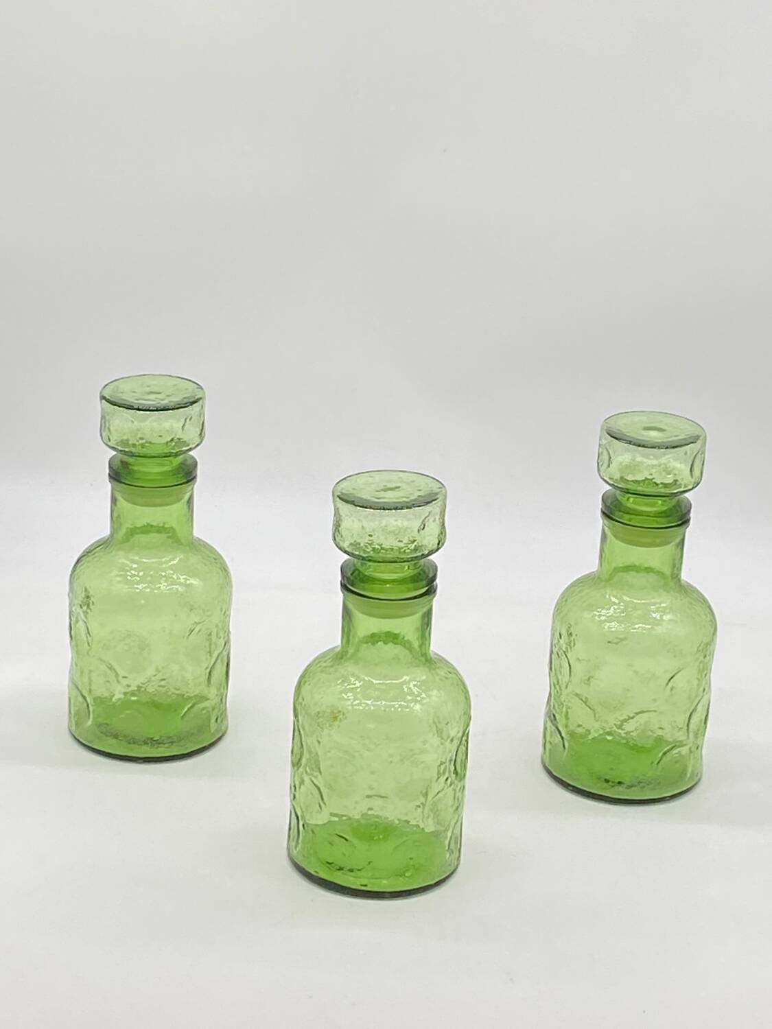 Trio of vintage bottles / carafe / jars, green glass, Nescafé