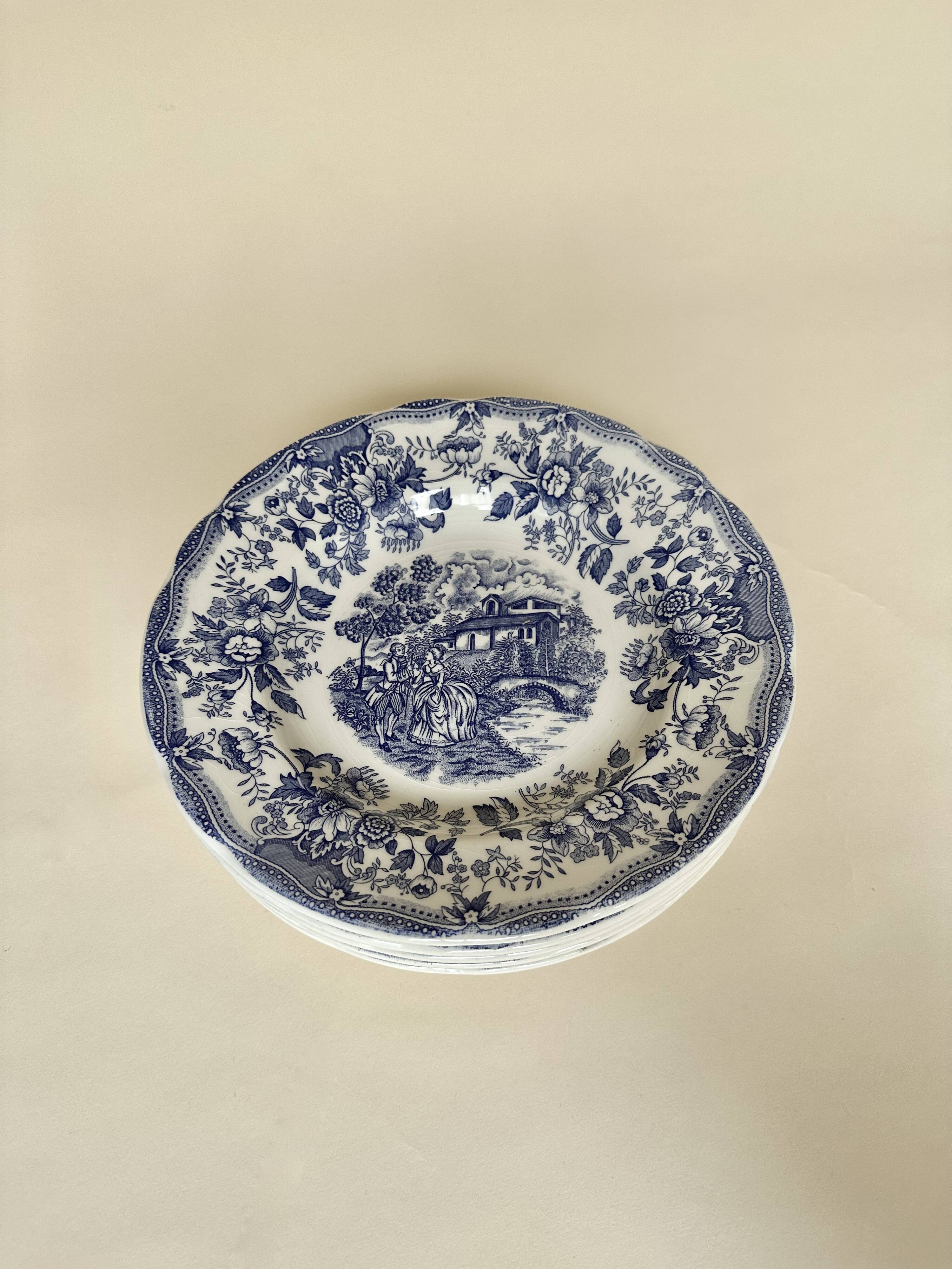 Set of five English deep plates, made of ironstone ceramic, romantic scene.