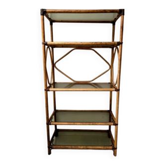 Étagère bibliothèque en rotin  - et verre - vintage