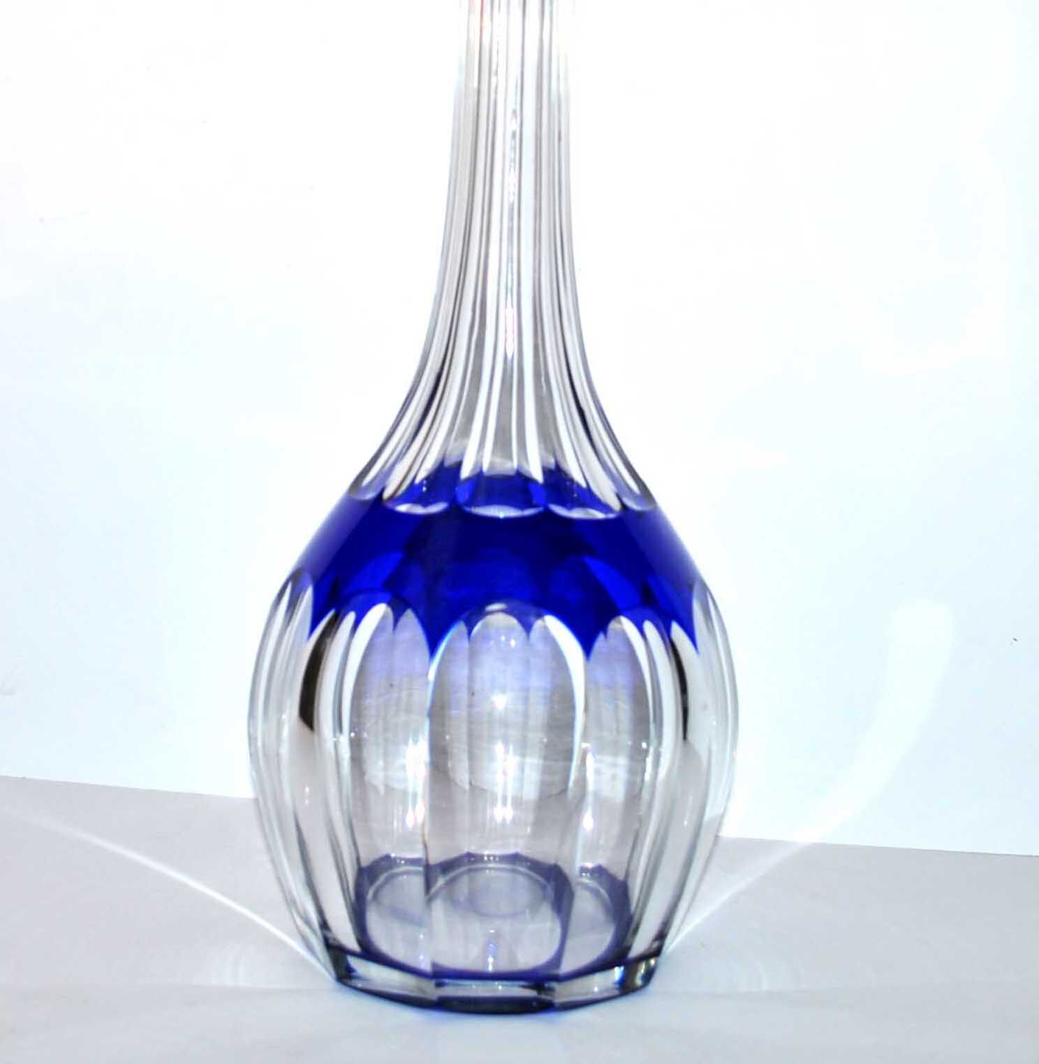 Bristol carafe in saint-louis crystal - blue lined decoration overlay cut