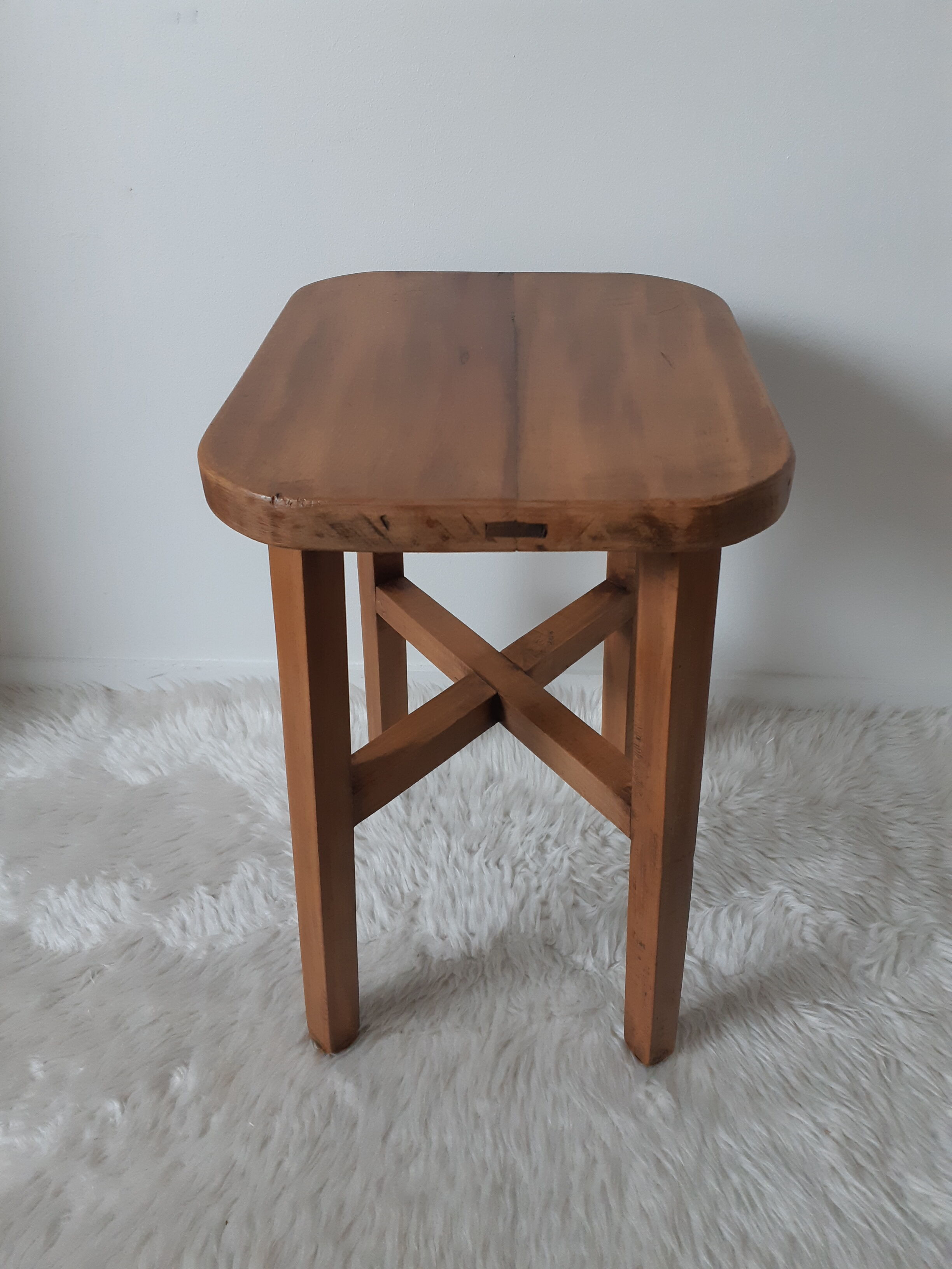 Antique waxed wood stool, side table, vintage seat, farmhouse stool