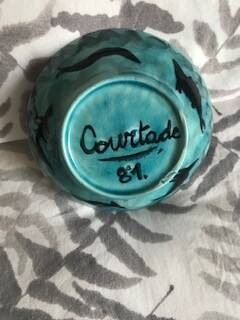 Pretty blue enamel bowl, signed "Courtade 81"