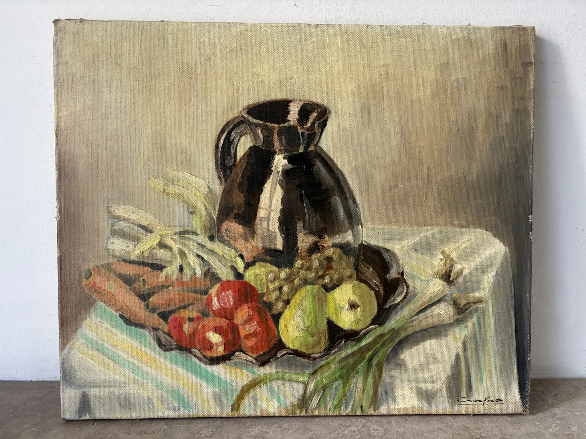 Still life with carrots, oil on canvas signed