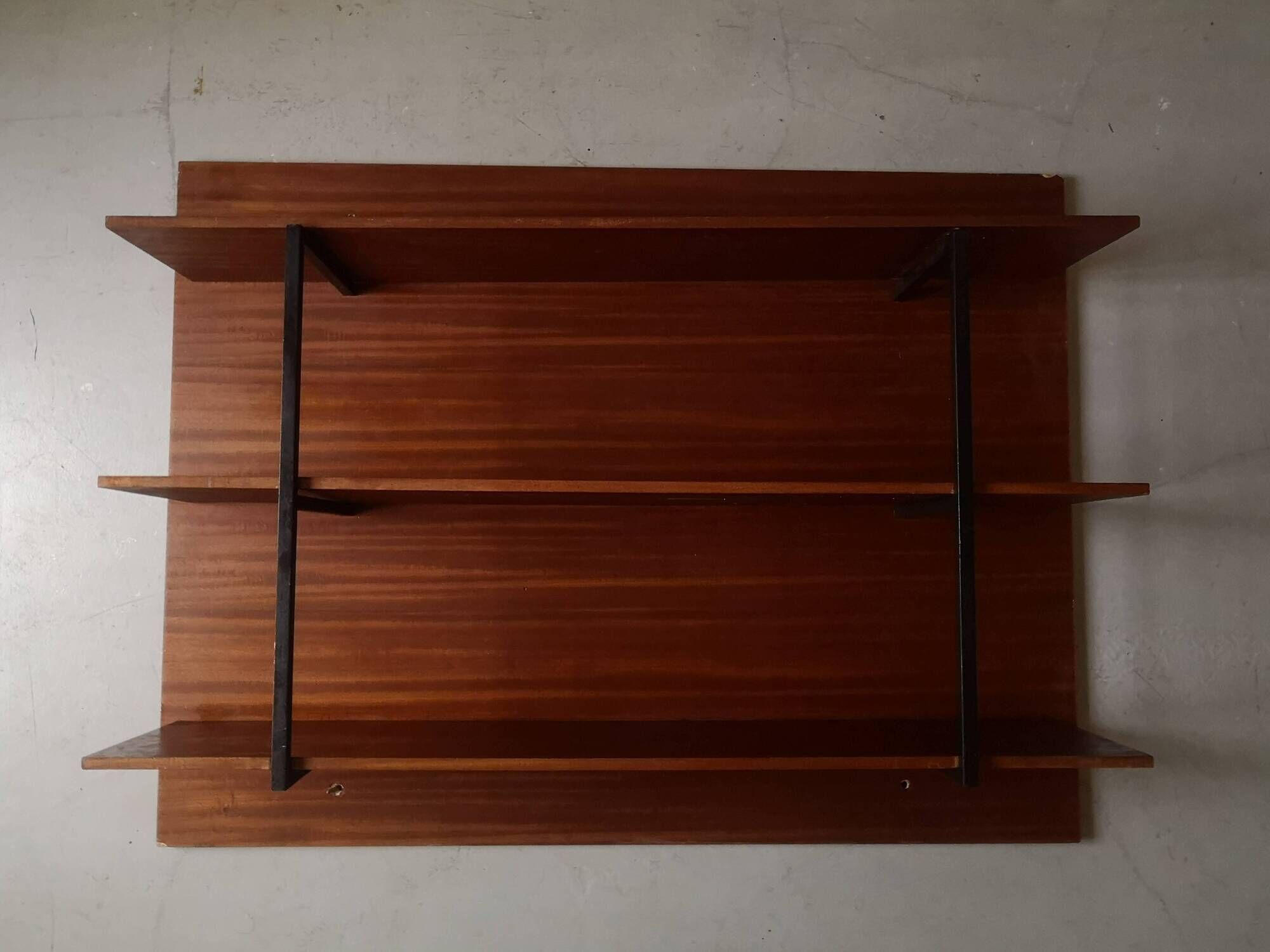 wall-mounted bookcase in wood and black metal, Scandinavian design 1970
