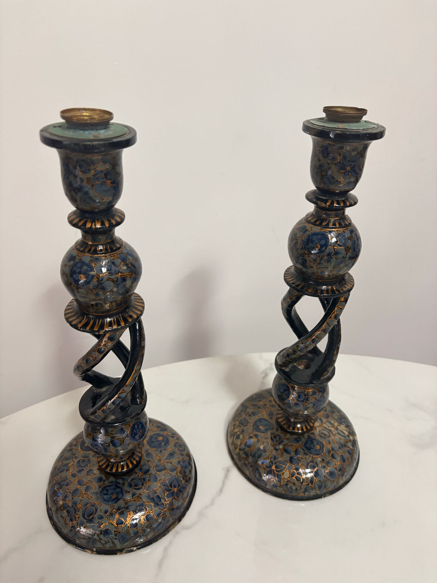 Pair of ancient Kashmiri candlesticks in midnight blue and gold – lamp bases