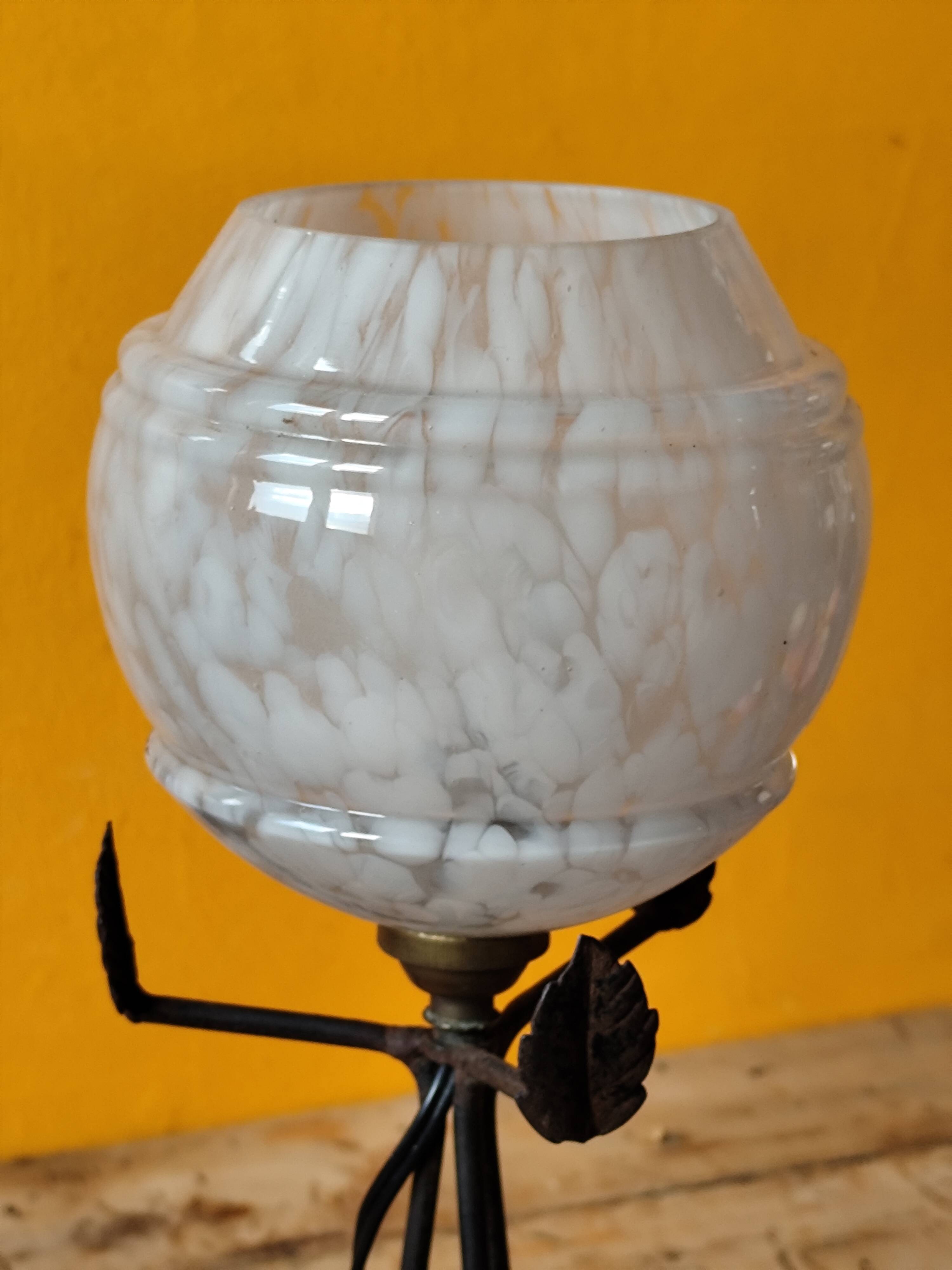 Art Deco lamp in metal and speckled blue opaline glass globe