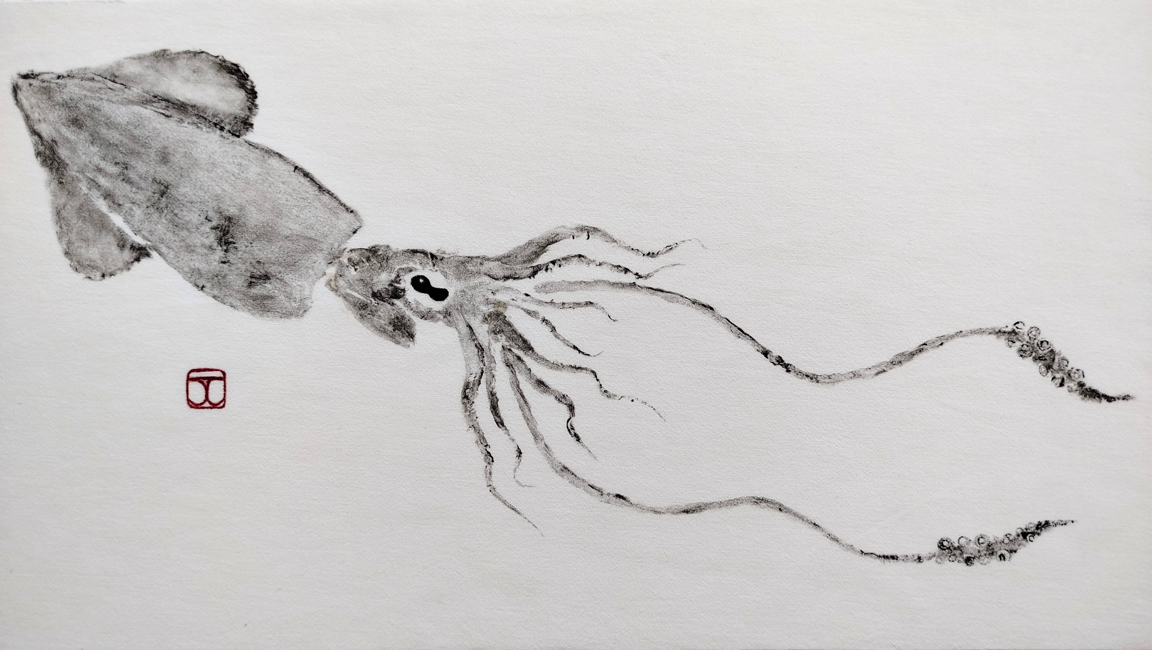 Original print of a squid, framed painting