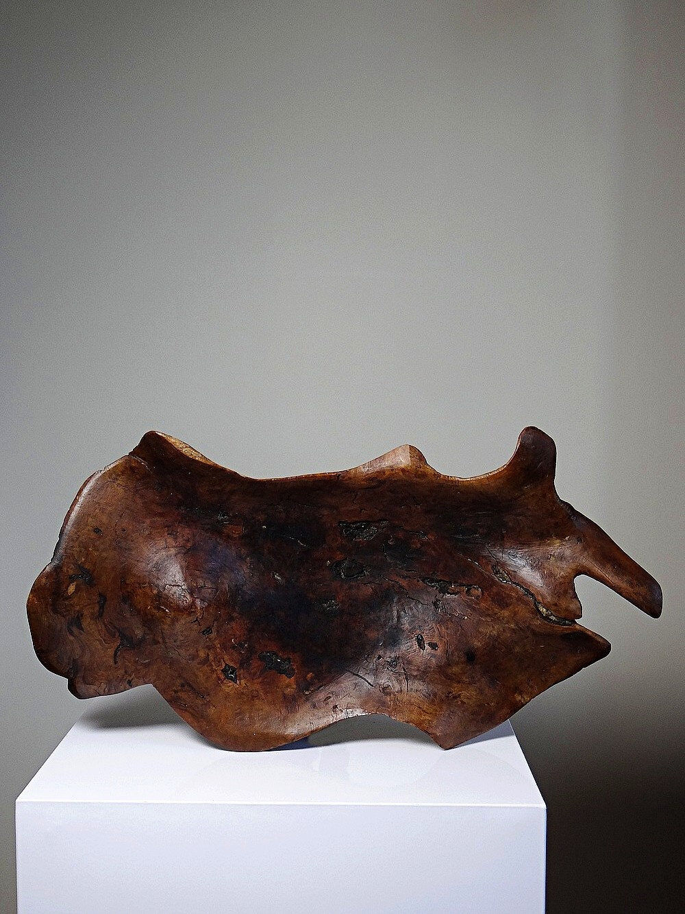 Large monoxyle bowl made of dark raw olive wood from the 1950s.