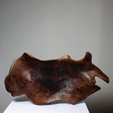 Large monoxyle bowl made of dark raw olive wood from the 1950s.