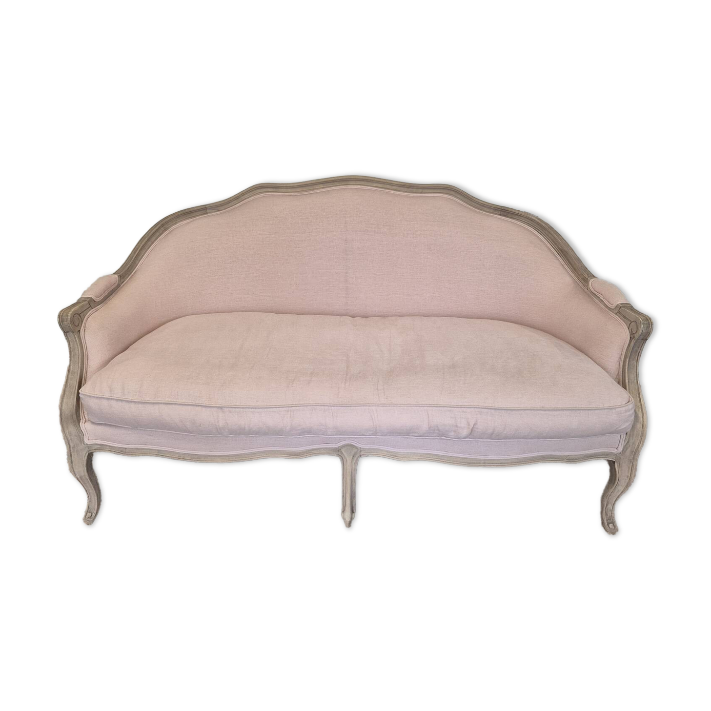Louis XV style bench sofa in pink fabric and burlap