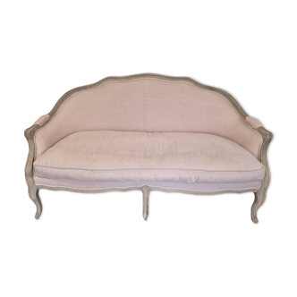 Louis XV style bench sofa in pink fabric and burlap