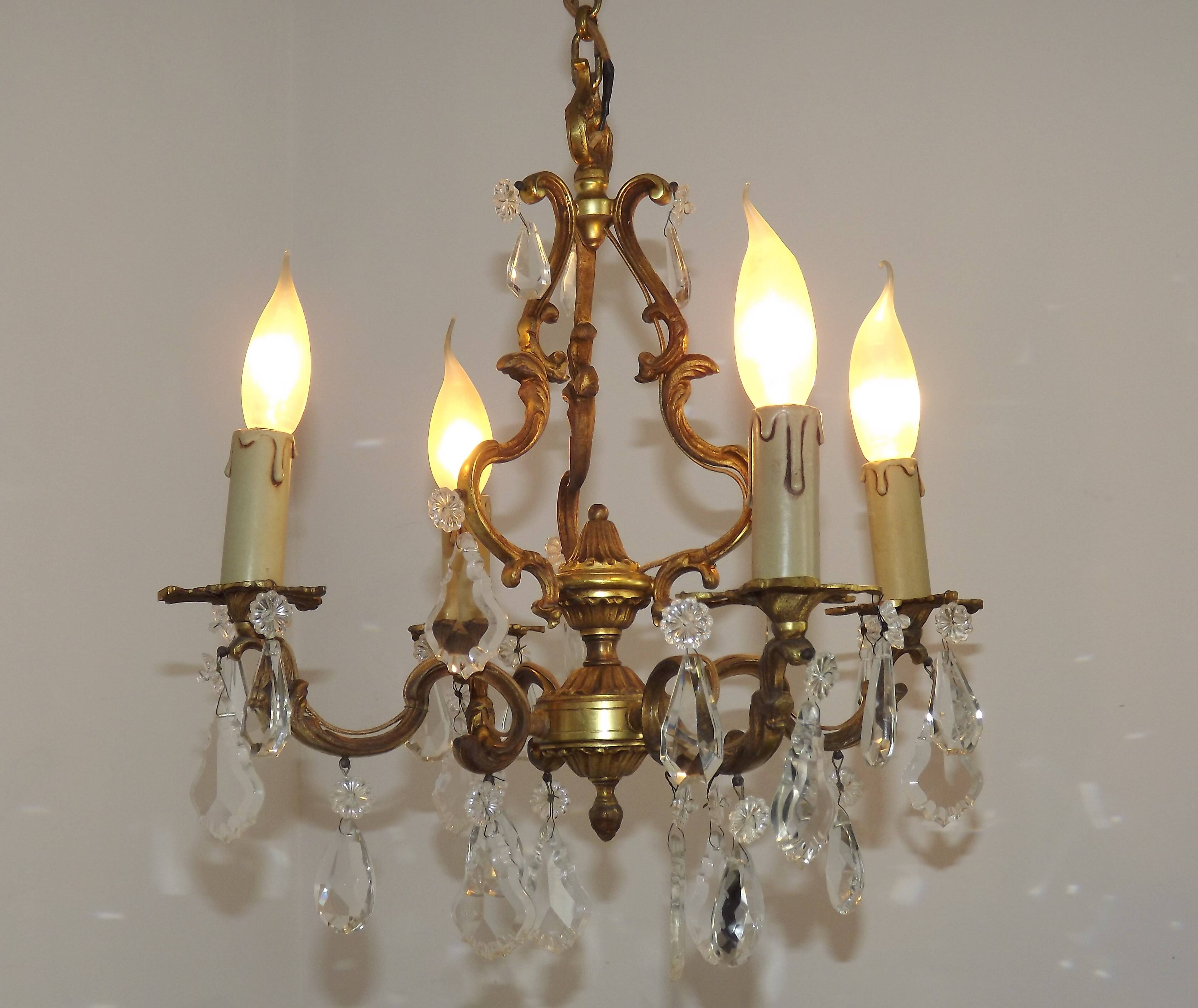 French Antique Art Nouveau 4 Light 3 Side Brass Crystal Cage Chandelier