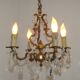 French Antique Art Nouveau 4 Light 3 Side Brass Crystal Cage Chandelier