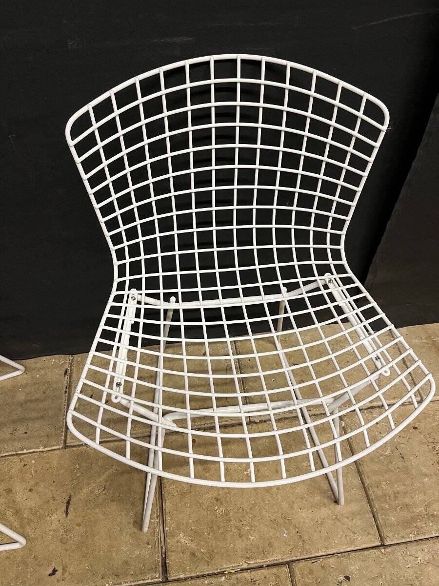 4 Chaises vintages Harry Bertoia Wire en maille de der Laqué Blanc Knoll