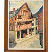 Oil table house half-timbered cobbled street - Breton Norman village