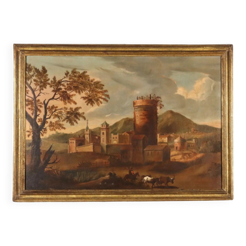 Peinture ancienne paysage avec village, huile sur toile '700