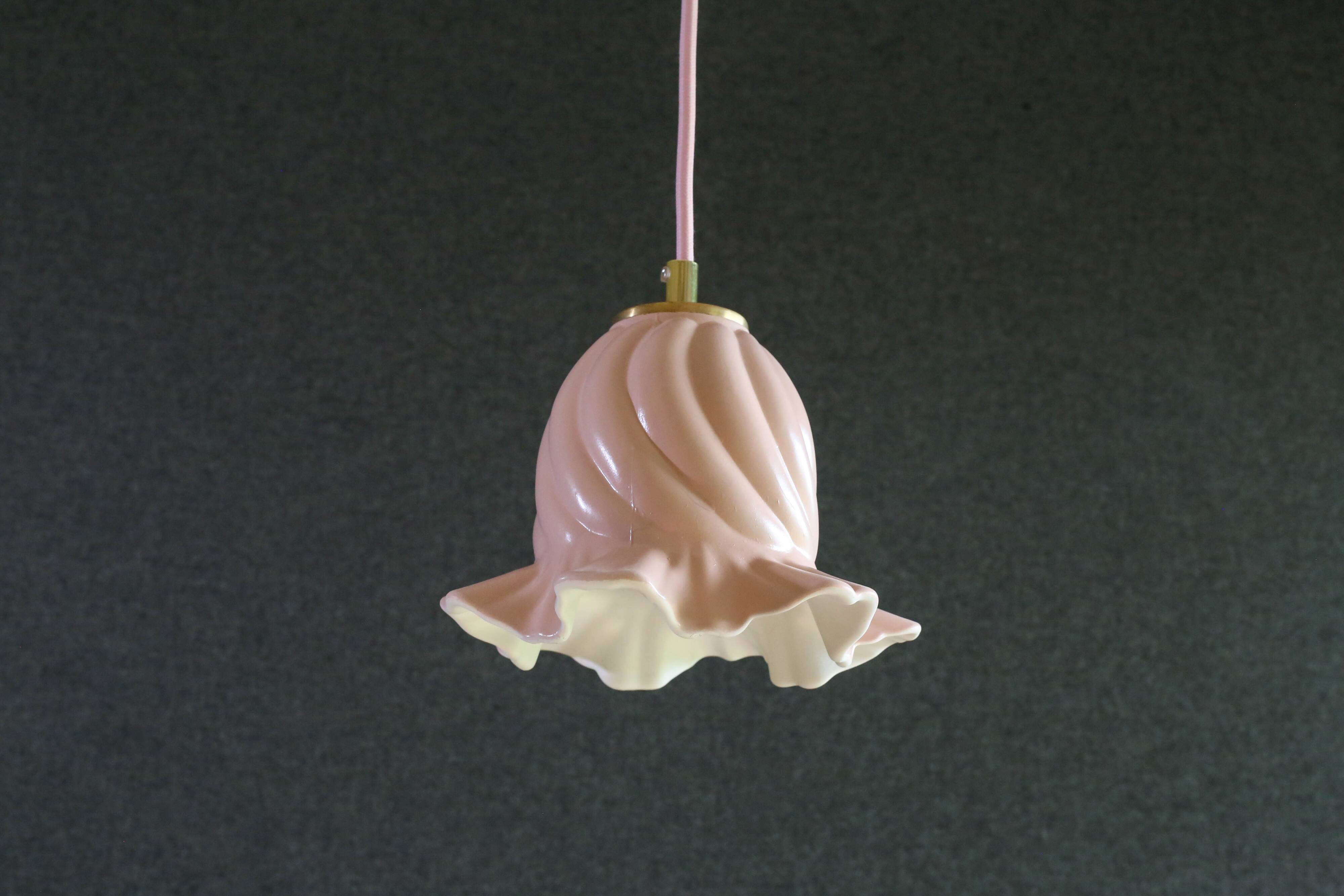 Old pendant light in pink and white painted glass, French pendant light - delivered with socket and cable