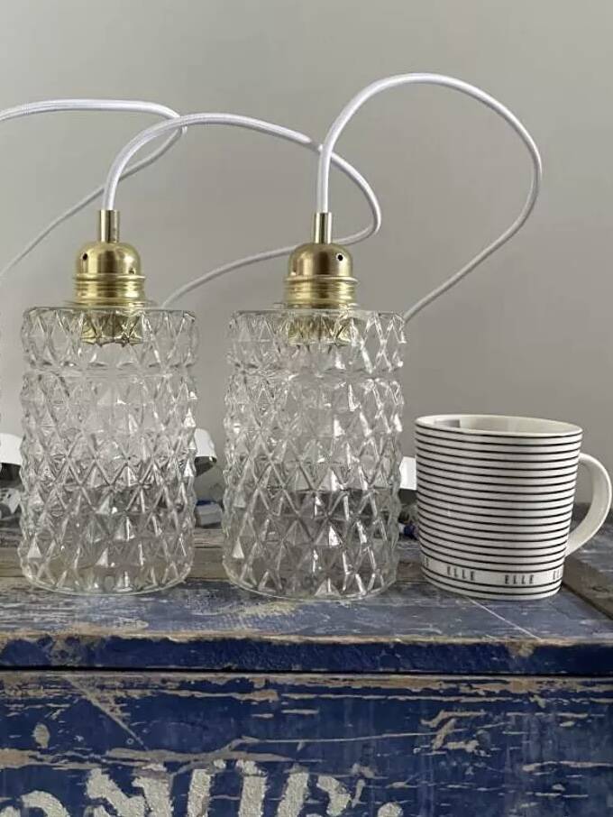 Set of two vintage chiseled glass pendant lights
