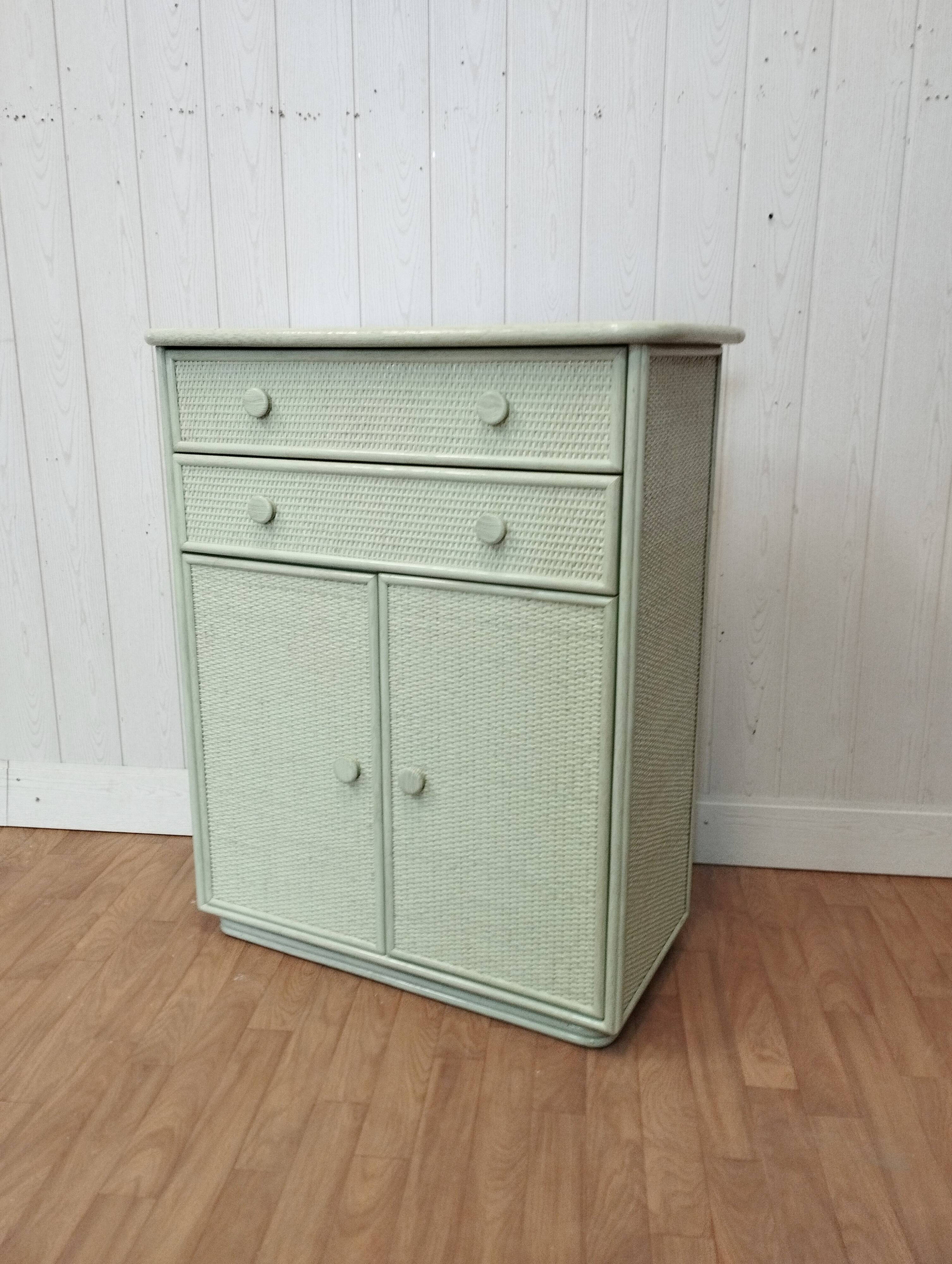Vintage rattan woven and solid wood sideboard