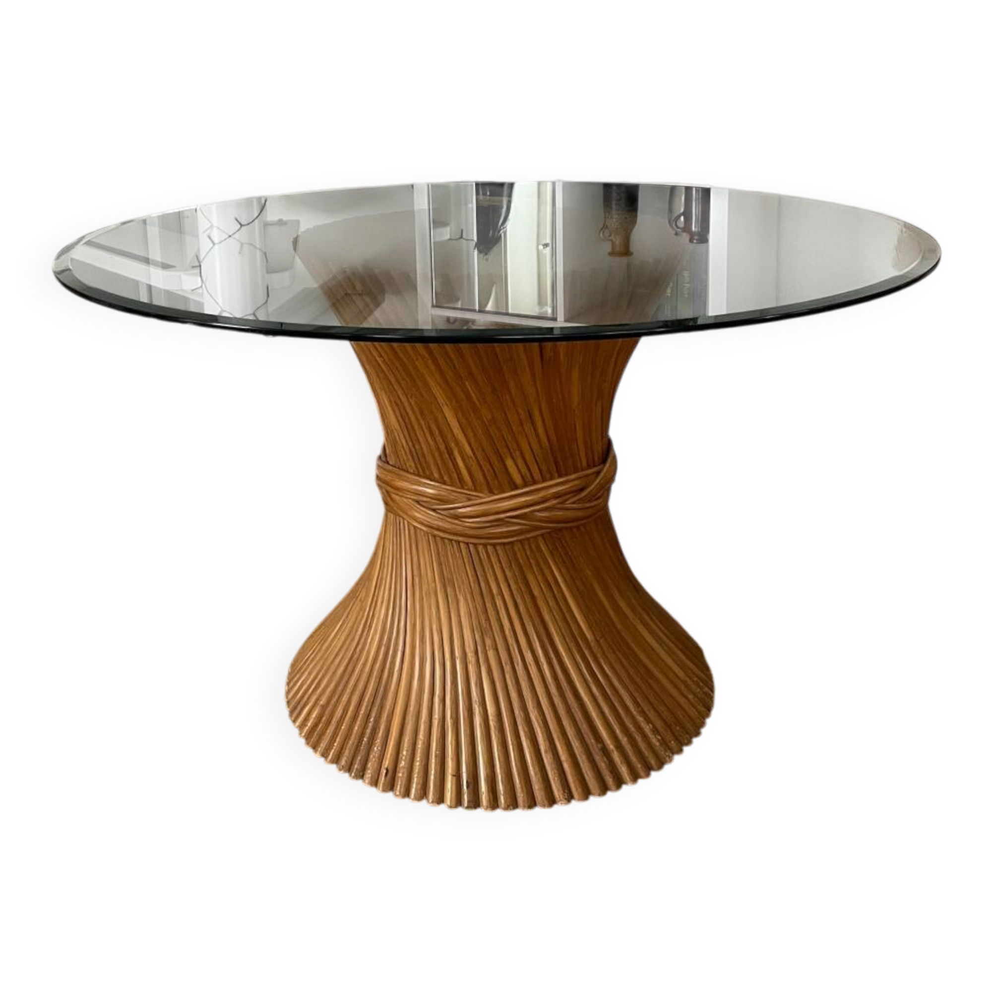 McGuire Bamboo Table – wheat sheaf base, round glass top